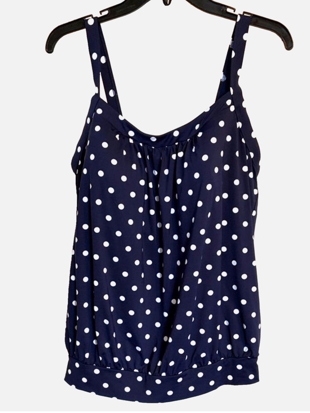 Lands’ End Tankini Top Womens 12 DD Navy White Polka Dot Underwire Swim Top